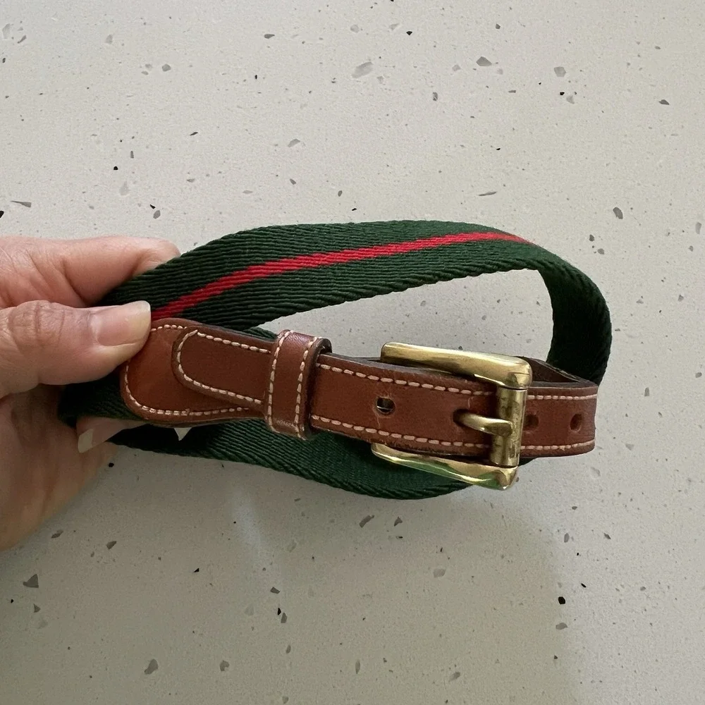 Vintage Dooney & Bourke Green Red Nautical  Stripe Canvas Leather Belt Small